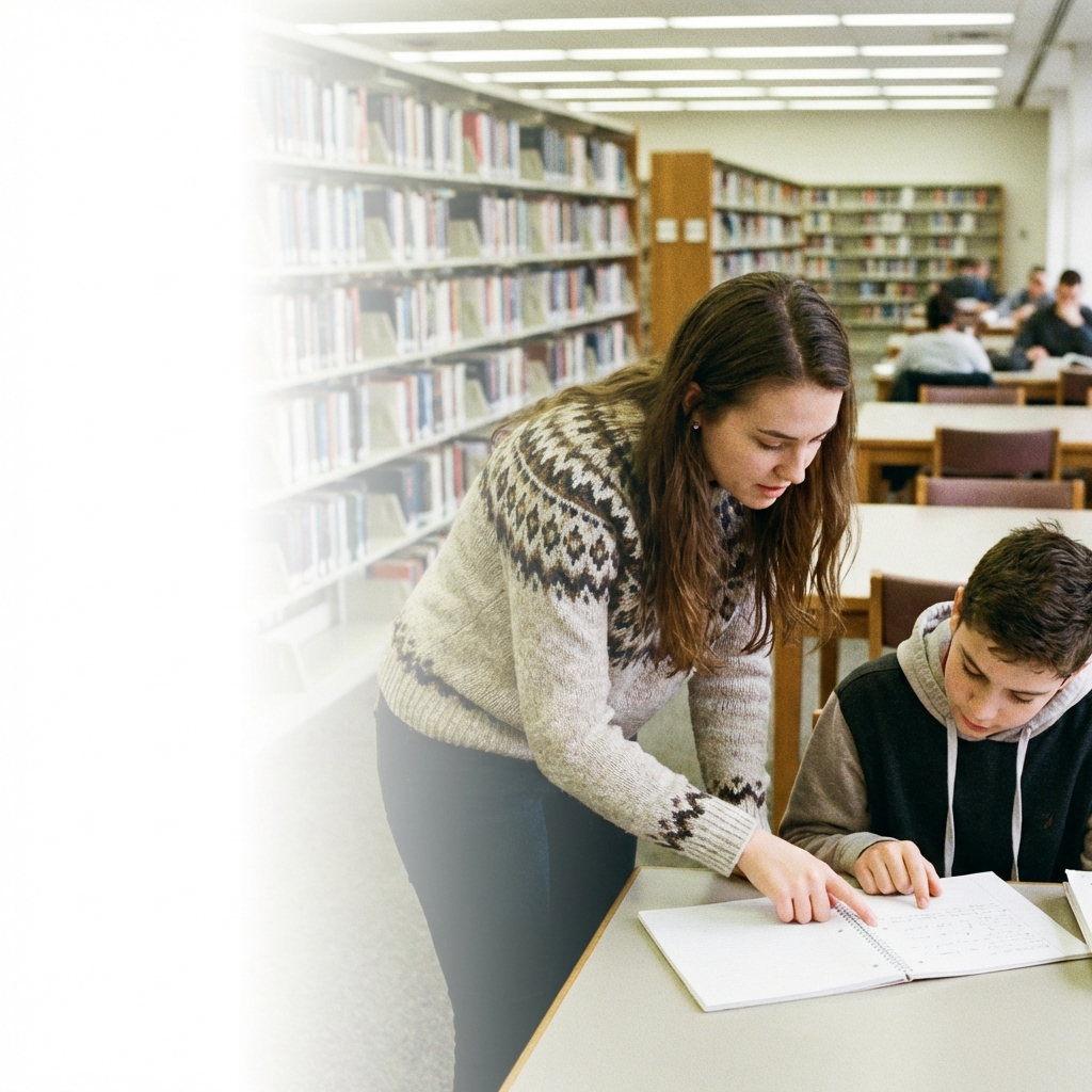 Tutor and student in library
